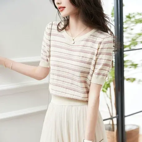 时尚气质条纹短袖针织衫2023年夏季新款淑女温柔圆领显瘦通勤上衣图片