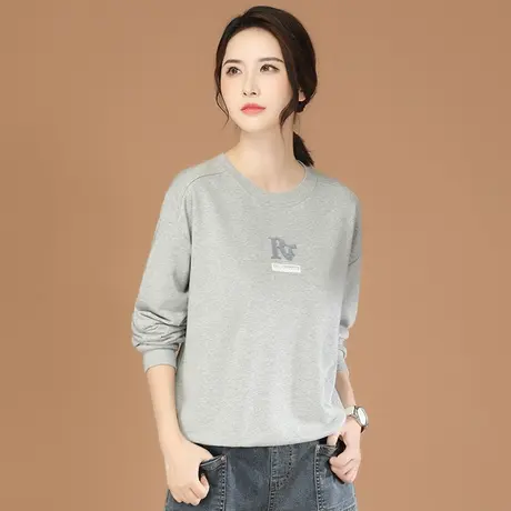 韩潮袭人圆领刺绣长袖套头灰色卫衣女2024春新款宽松休闲T恤上衣图片