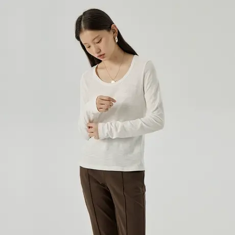 omont蛋挞家 纯棉U领长袖T恤女2023秋季新款字母刺绣正肩显瘦上衣商品大图