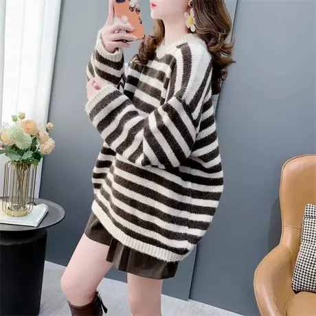 宽松慵懒风软糯条纹圆领毛衣女秋冬新款加厚百搭高级感打底针织衫商品大图