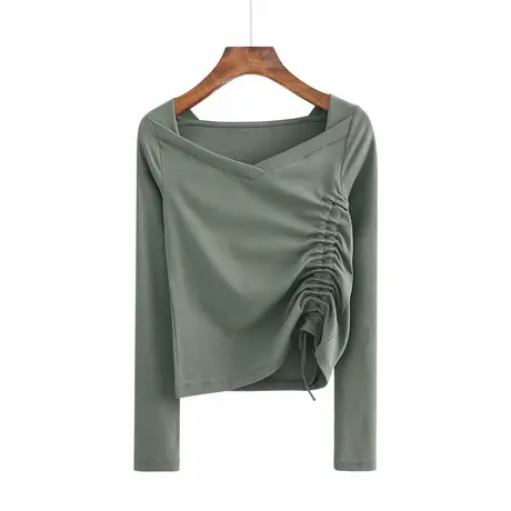 春秋新款韩版V领抽绳纯白修身显瘦纯色长袖女体恤上衣内搭打底衫商品大图