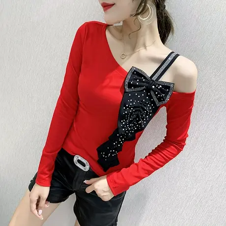 春秋气质女装性感露肩T恤女长袖设计感蝴蝶结上衣洋气外穿打底衫商品大图