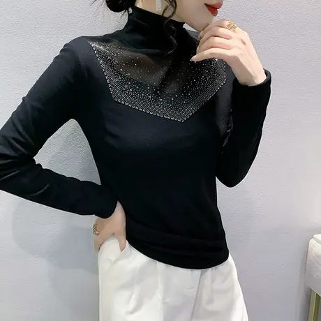 秋冬加绒高领打底衫女内搭长袖时尚烫钻网纱拼接T恤显瘦洋气上衣商品大图