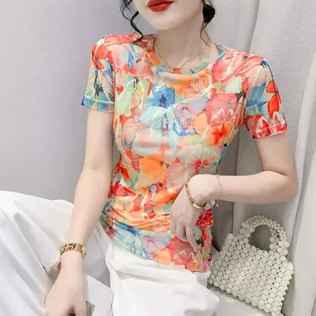 欧货网纱T恤女短袖设计感印花上衣别致夏装修身显瘦圆领小衫体恤商品大图