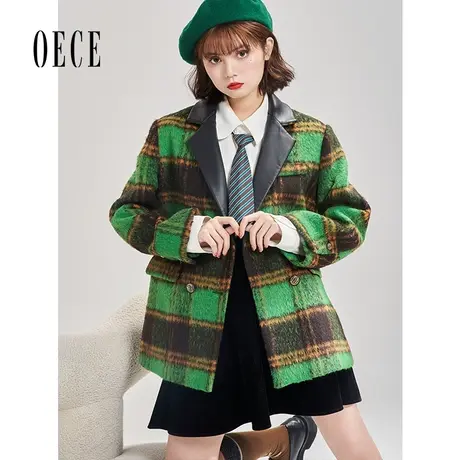 Oece冬装新款女复古格纹中长款呢大衣毛呢西装外套商品大图
