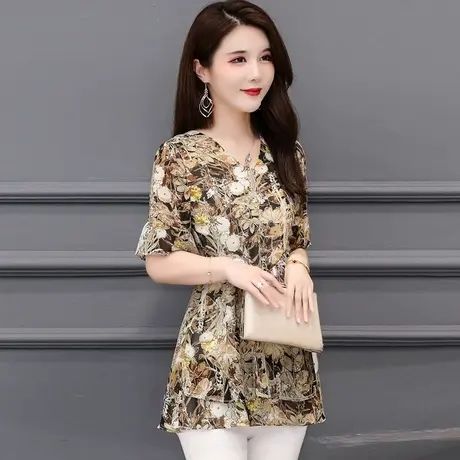 2023年新款夏季雪纺衫女短袖碎花上衣收腰遮肚子大码时尚减龄洋气图片