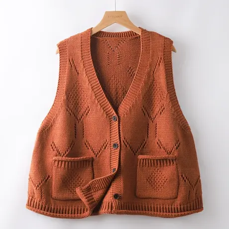 针织马甲背心女秋冬2023新款纯色镂空口袋单排扣韩版无袖马夹上衣图片