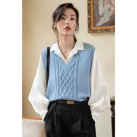弥古新款复古针织马甲背心女春秋V领毛衣马夹外搭叠穿高级感上衣商品大图