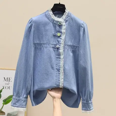 2023春新款设计感小众蕾丝花边牛仔衬衫外套女秋冬季复古港味衬衣商品大图