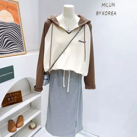 2023秋季韩代款chic气质V领连帽上衣微胖显瘦穿搭纯棉宽松长袖T恤图片