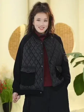 秋冬新款时尚休闲拼接百搭外套女简约风洋气减龄宽松显瘦棒球棉服商品大图