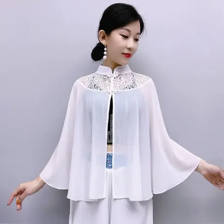 夏季配裙子罩衫复古透气轻薄小披肩女蕾丝拼接防晒空调衫外套盘扣图片