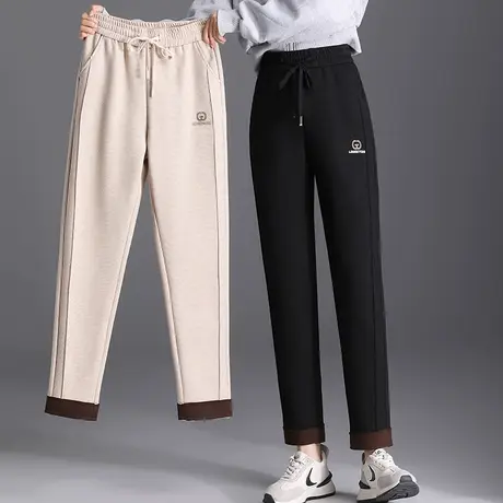 休闲裤女秋冬2023新款松紧高腰薄绒呢子哈伦裤显瘦百搭时尚直筒裤图片