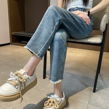 直筒牛仔裤女春秋2023年高腰小个子显瘦九分裤宽松浅色毛边烟管裤商品大图