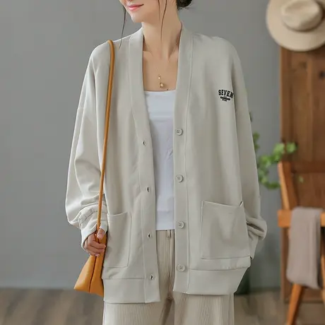 dza 复古休闲宽松V领外套女2023春秋新款外搭开衫口袋显瘦上衣女图片