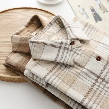 2020秋冬季港味复古简约宽松大码加厚磨毛长袖格子衬衫女毛呢外套图片