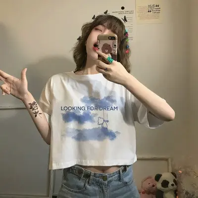 黑色短款t恤女春装2024新款网红百搭高腰露脐韩版宽松短袖上衣服商品大图