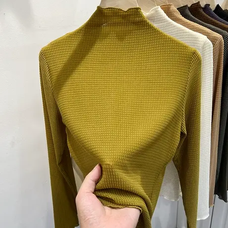 气质木耳边半高领格子网纱长袖T恤女2023早秋新款内搭打底衫上衣商品大图