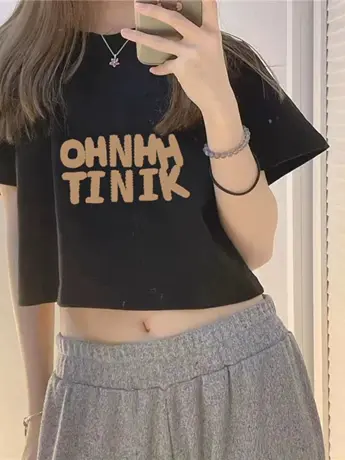 正肩圆领宽松仿棉短款短袖t恤女春秋装夏季小个子内搭打底衫上衣商品大图