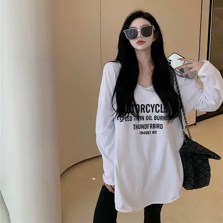 纯棉大码别致设计感长袖t恤女秋冬韩版宽松慵懒风打底衫小众上衣商品大图