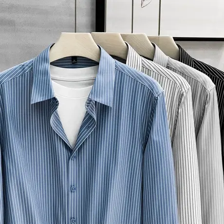 科技感无缝条纹设计感商务休闲冰丝男士衬衫免烫时尚长袖衬衣男潮商品大图