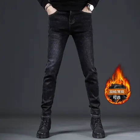 加绒牛仔裤男秋冬季2022新款黑色潮牌加厚修身小脚弹力保暖裤子男商品大图