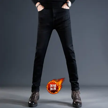 高端黑色加绒加厚牛仔裤男冬季修身小脚2023新款弹力男士裤子秋冬商品大图