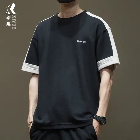 希越250g重磅华夫格短袖t恤男夏季拼接撞色宽松大码潮牌半袖体恤商品大图