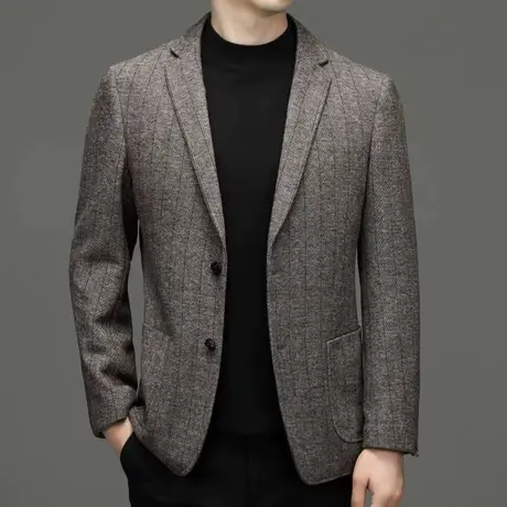 秋冬季条纹羊毛外套男士西服上衣修身小西装单件休闲商务职业正装图片