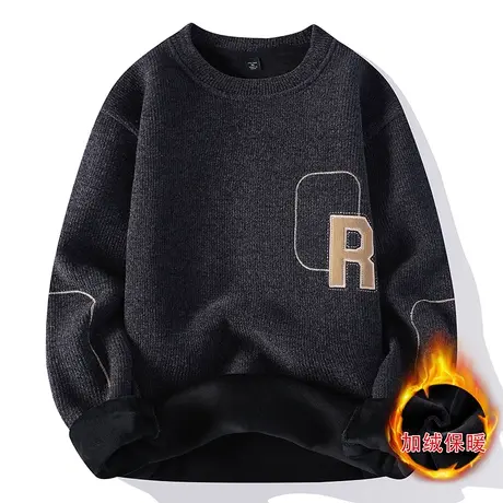 (一体绒)半高领毛衣男加厚加绒保暖上衣潮流套头雪尼尔针织打底衫商品大图