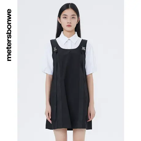 国货美特斯邦威黑色背心裙女春夏时尚纯色休闲工装肩扣连衣裙图片