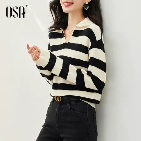 OSA欧莎polo领条纹针织衫毛衣女秋装2022年新款外穿软糯长袖上衣图片