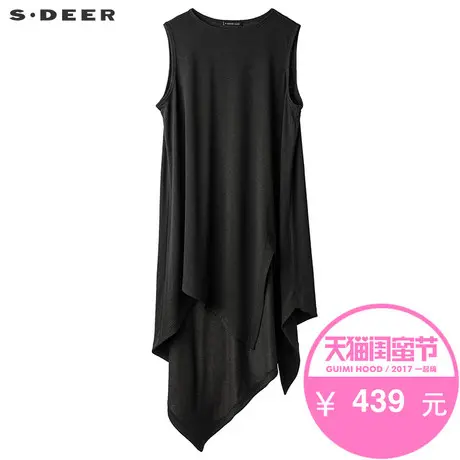 sdeer圣迪奥2019夏装宽松轻柔不规则开衩摆无袖连衣裙女S17281278图片