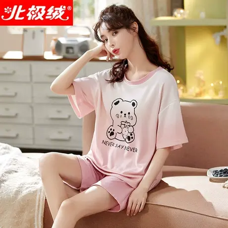 北极绒睡衣女纯棉2022年新款短袖短裤少女可爱宽松大码家居服套装商品大图