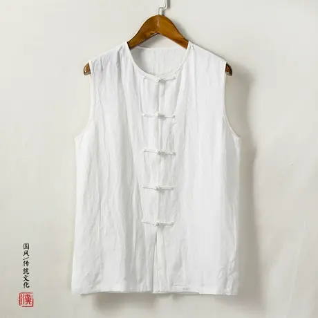 中国风马甲无袖t恤汗衫亚麻复古盘扣男士棉麻功夫衫爸爸夏装背心商品大图
