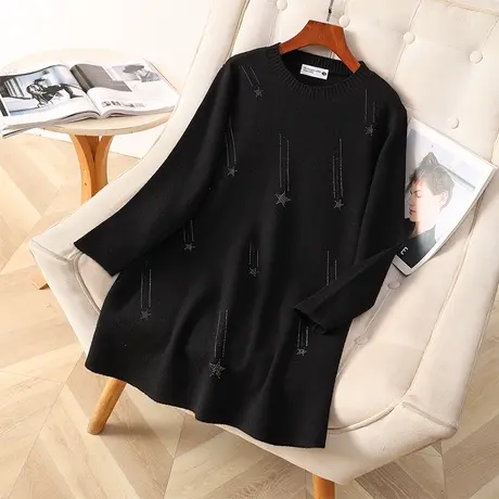 2024春季新款黑色毛衣女大码装胖MM宽松显瘦上衣烫钻中长款针织衫商品大图