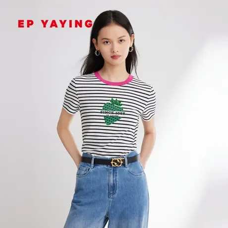 EP雅莹女装 撞色美式复古条纹短袖t恤上衣 2023新款5310A图片