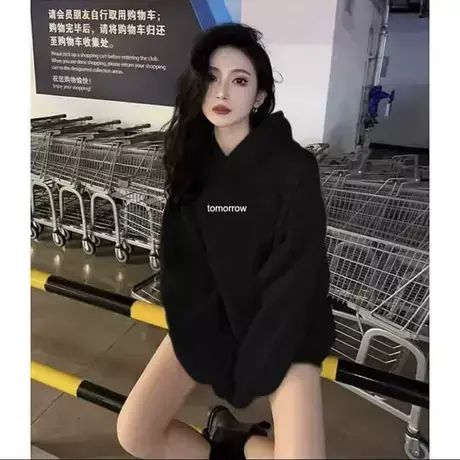 美式字母连帽卫衣女2024秋冬爆款宽松慵懒风中长款加绒加厚卫衣潮商品大图