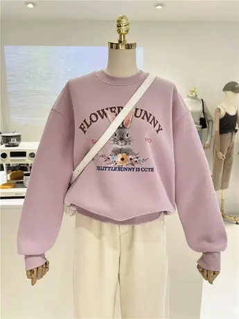 简约百搭可爱卡通减龄兔子加绒加厚保暖韩版圆领套头卫衣女外穿商品大图