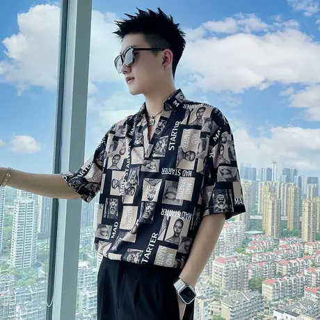 夏季男士套头花色衬衫上衣短袖宽松半袖潮流潮牌休闲帅气衬衣百搭商品大图