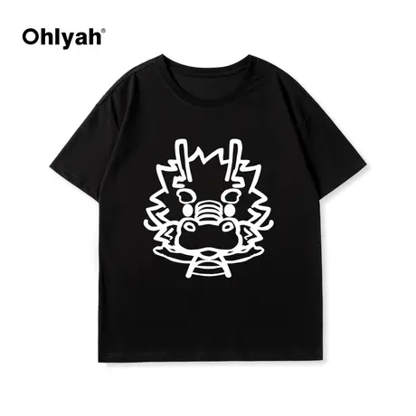 Ohlyah春夏新款涂鸦小龙印花圆领黑色短袖T恤男女无性别班服定制图片