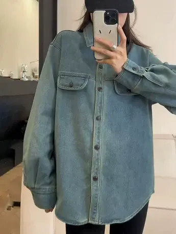 复古水洗翻领加绒加厚牛仔衬衫女秋冬2023新款长袖设计感小众上衣商品大图