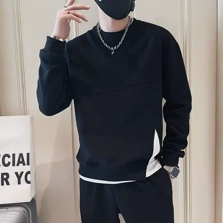 圆领卫衣春秋季潮牌ins休闲打底衫潮流百搭纯色拼接假两件长袖T恤商品大图