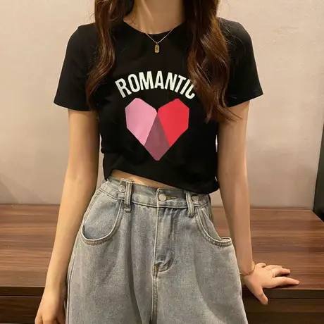 短袖t恤女夏季洋气心形印花别致小众露肚脐短款上衣百搭打底半袖商品大图