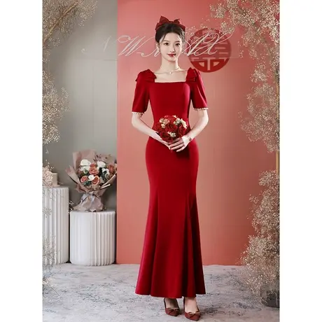 红色敬酒服2023新款新娘女夏季订婚宴会礼服高端气质修身鱼尾长裙商品大图