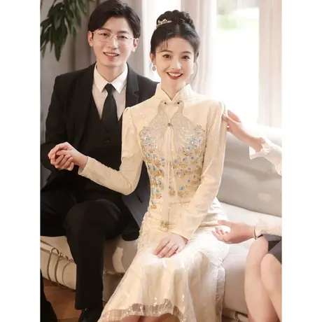 旗袍敬酒服2024新款新娘高级感春季长袖订婚礼服连衣裙鱼尾出阁宴图片