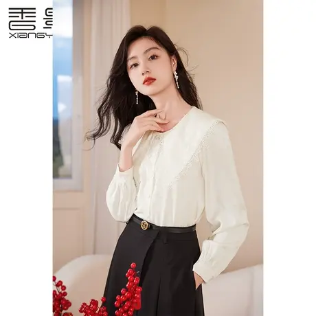 【百亿补贴官方直播】香影娃娃领衬衫长袖米白正肩法式上衣图片