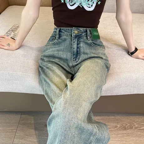 复古蓝直筒牛仔裤女春秋2024新款宽松高腰休闲裤窄版阔腿拖地裤子图片