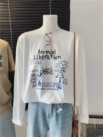 外星人印花宽松顺滑面料春季新款时尚简约慵懒纸片人休闲女款T恤商品大图