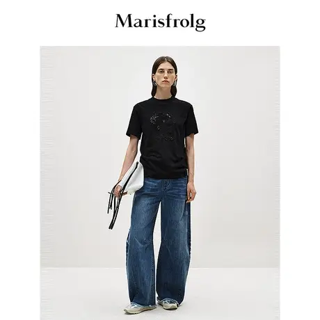 【商场同款】玛丝菲尔2024春季新款黑色圆领刺绣正肩短袖T恤女图片